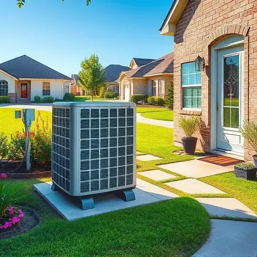 Modern outdoor AC unit on a landscaped yard of a suburban home in Richland Hills, TX, under clear blue skies.