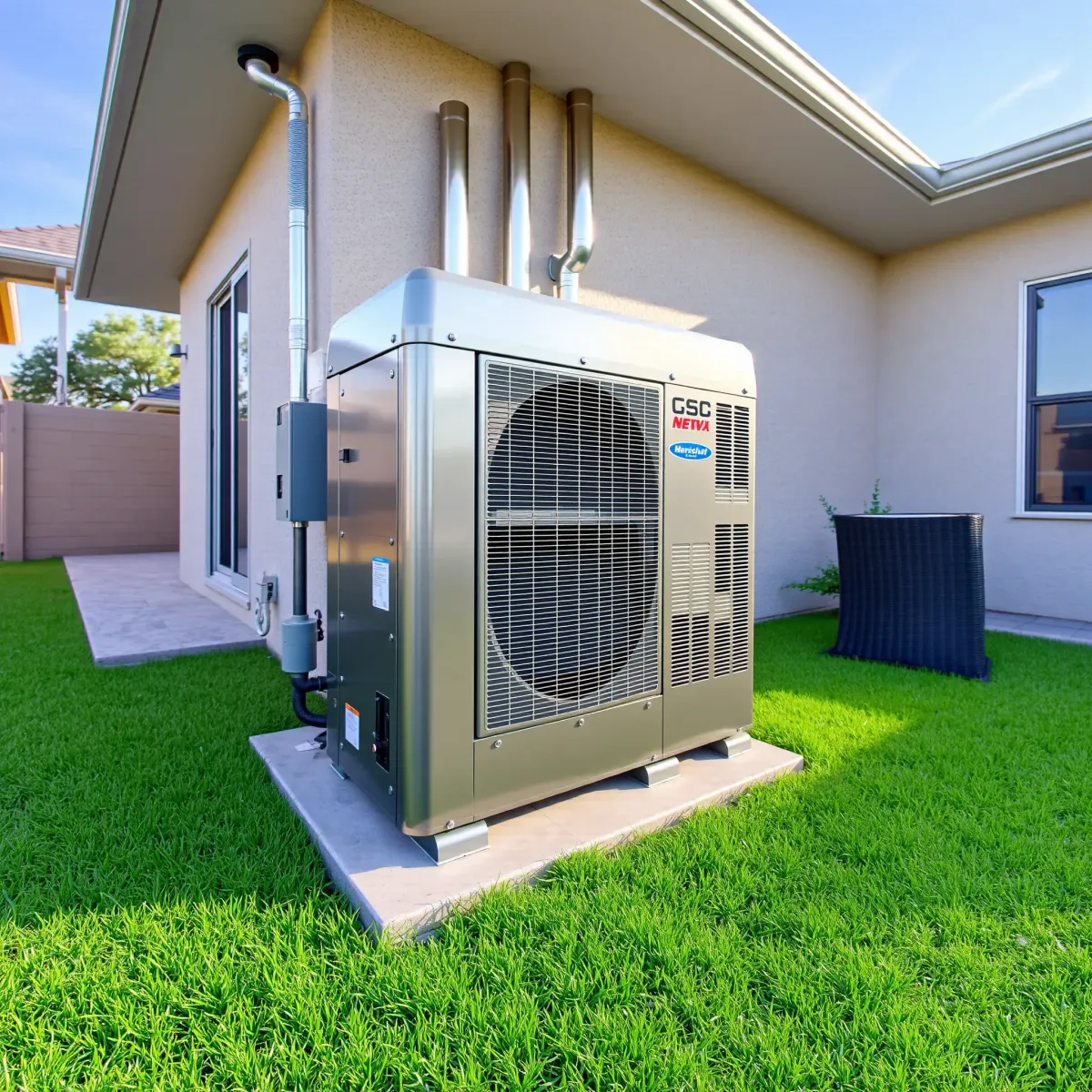Modern residential HVAC system with vents, ducts, and control panels in a landscaped Everman, TX backyard.