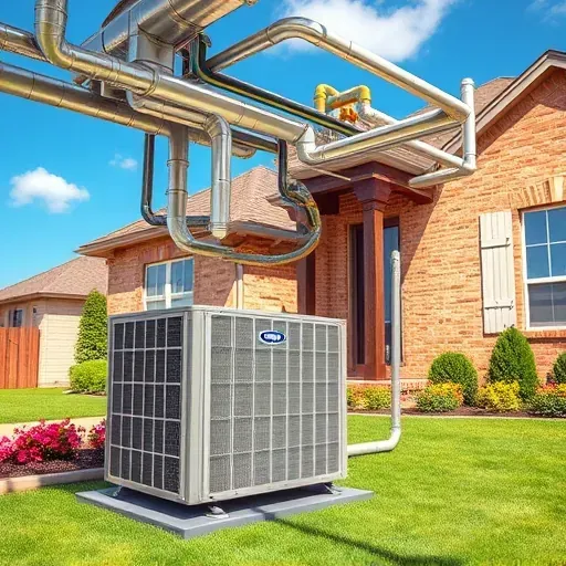 Completed HVAC system in Richland Hills TX featuring a modern outdoor unit, neat ductwork, and beautiful landscaping.