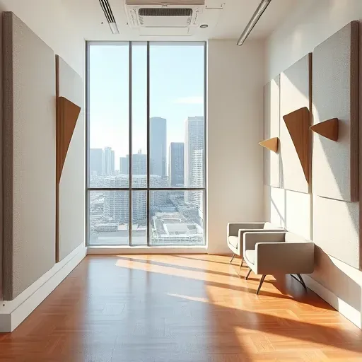 Modern Fort Worth office with sleek acoustic panels, soundproofing foam, diffusers, polished hardwood floors, and skyline view