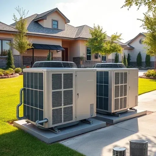 Outdoor modern HVAC system installation in Hickory Creek, TX with sleek metal finishes and lush backyard setting.