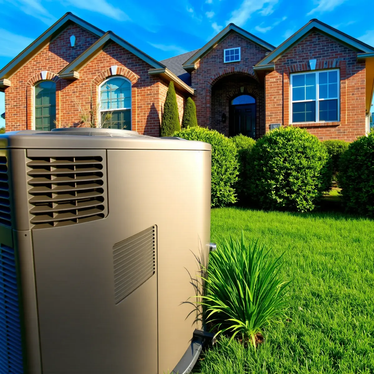 Freshly installed high-efficiency HVAC unit on a tidy outdoor yard in Edgecliff Village, TX, with lush greenery and a brick house.
