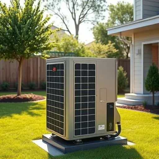 Repaired high-efficiency outdoor air conditioning unit next to a modern home in Aledo Texas with lush backyard and landscaping