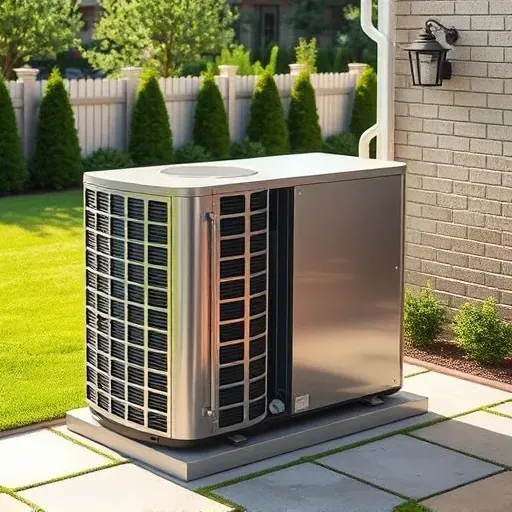 Modern HVAC system in a Watauga, TX home with a lush backyard, paved patio, and sunny outdoor setting.