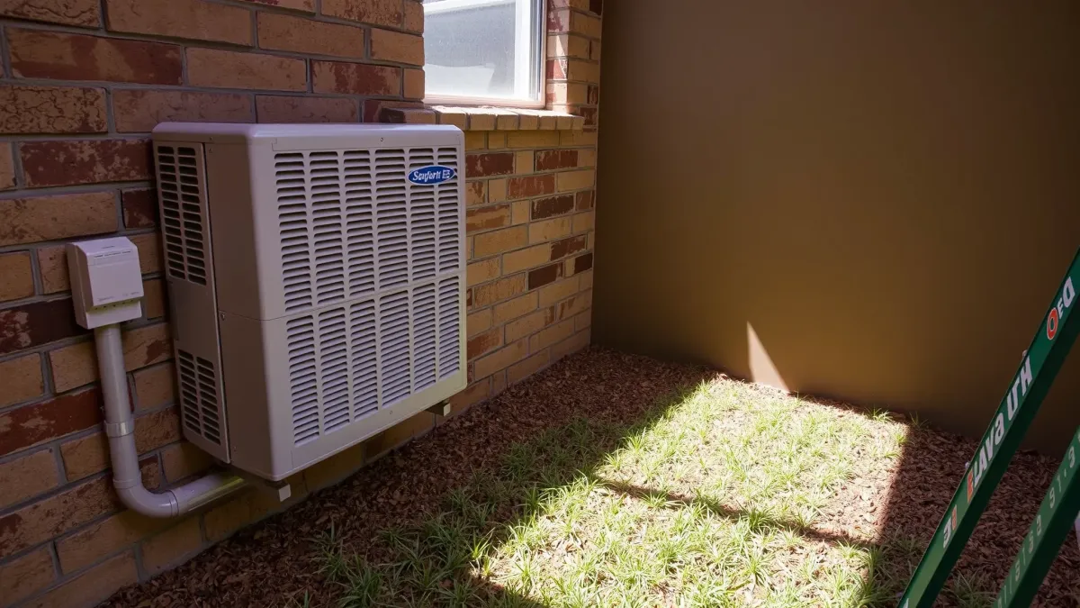 Outdoor a/c unit in Forest Hill, TX, showcasing sleek design, clean surroundings, sunny sky, lush landscaping, and local setting.