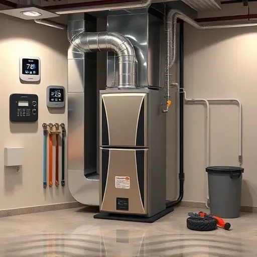 Freshly serviced high-efficiency furnace in a modern, clean utility room with organized tools, digital thermostat, and professional setup