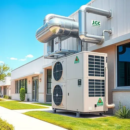 Outdoor HVAC system with ductwork and high-efficiency condenser on a clean building facade in Saginaw, TX.
