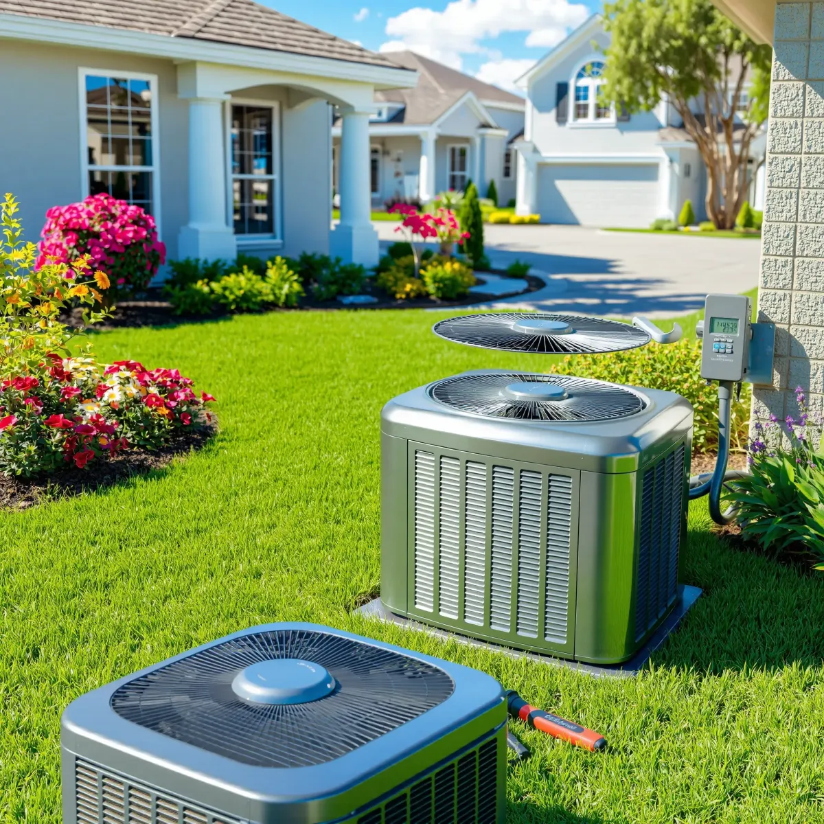 Air conditioning repair scene in Lake Worth, TX, with a maintained unit, tools, and Texas suburban landscape.