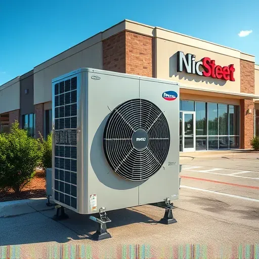 Repaired outdoor air conditioning unit installed outside a modern commercial building with greenery under a bright blue sky