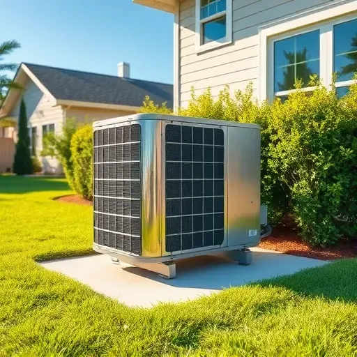 Outdoor modern A/C unit on a clean concrete pad, lush greenery, bright sky, and a stylish home background in River Oaks.
