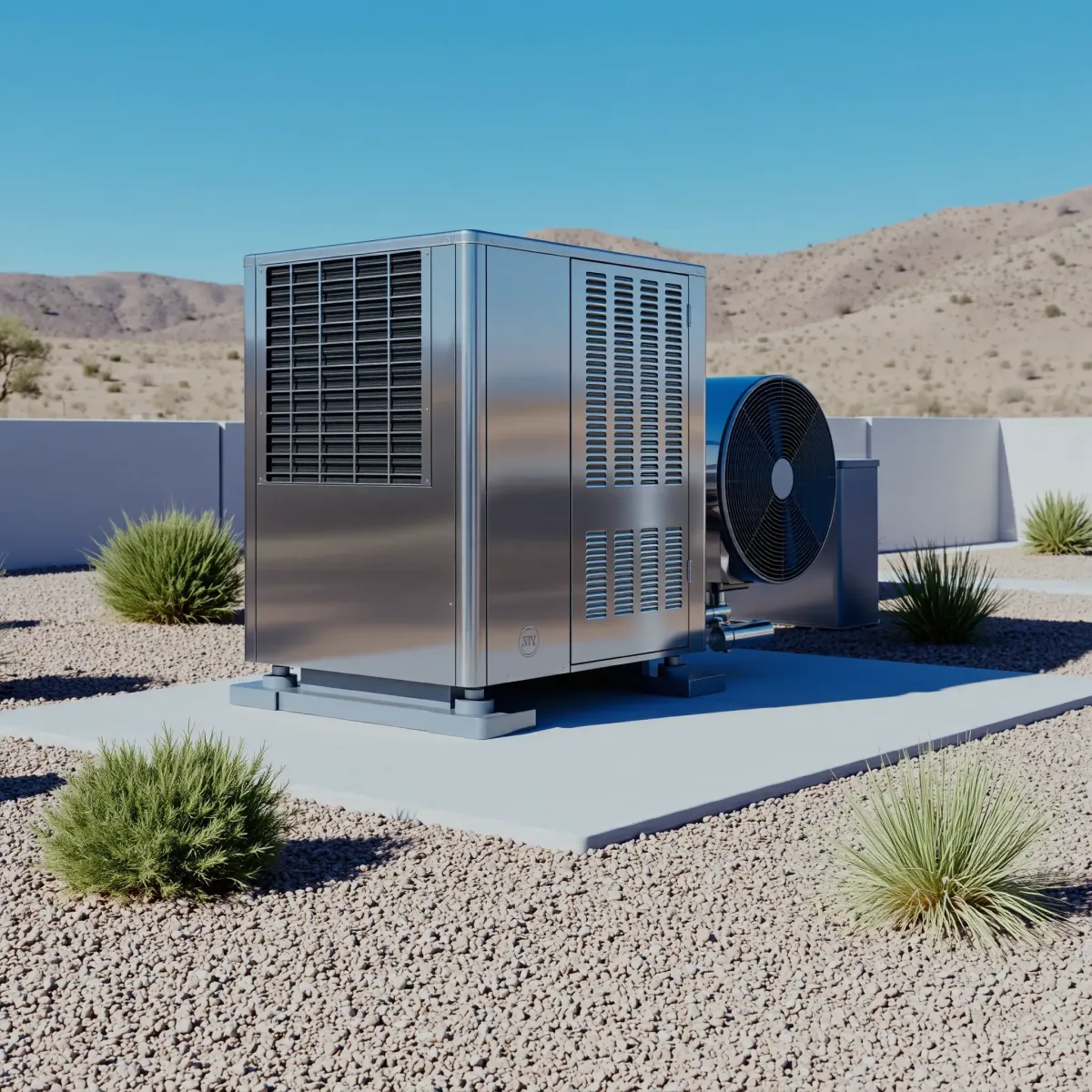 Outdoor modern HVAC system with metallic surfaces, digital displays, landscaped yard, and Texas hill background in Horseshoe Bend.
