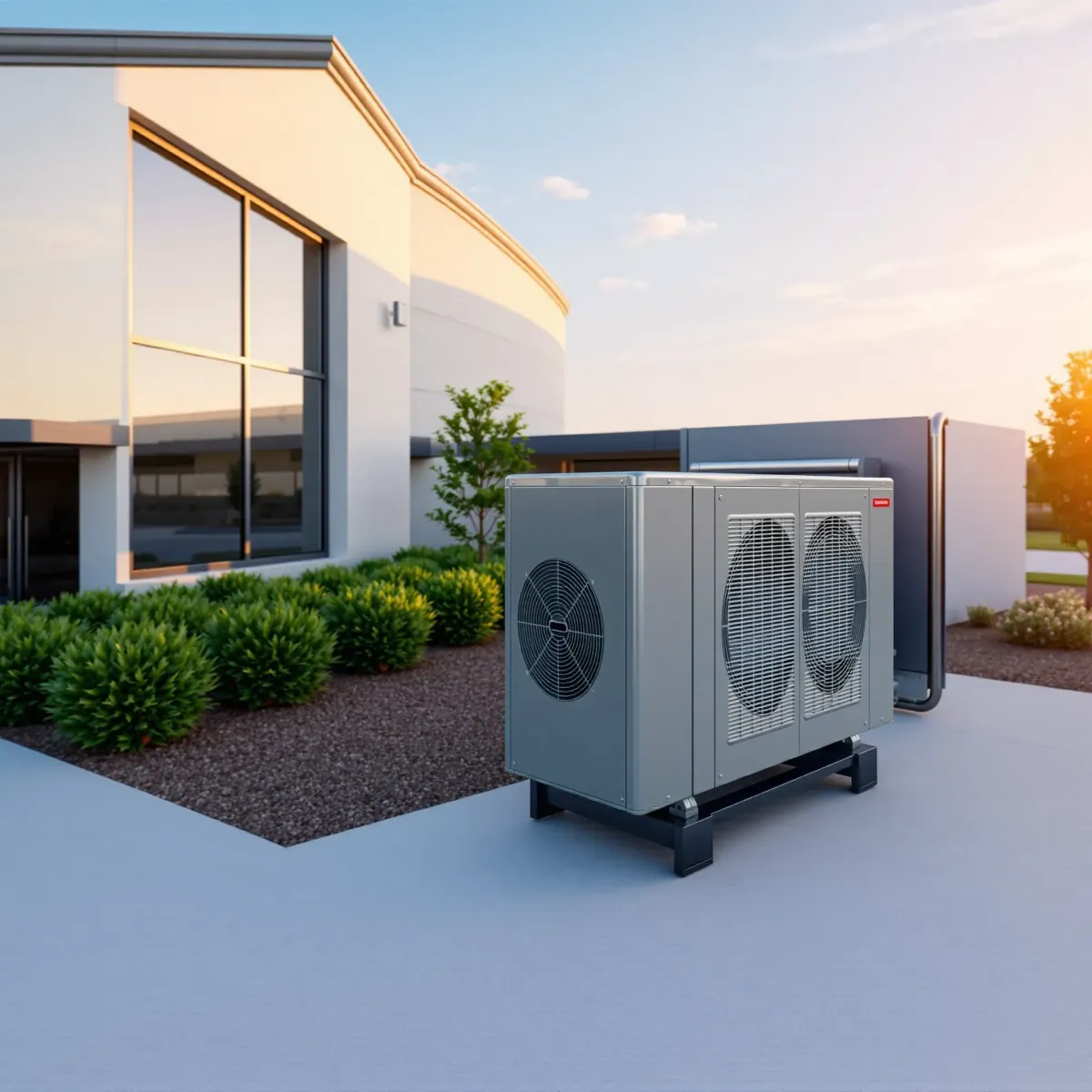 Modern rooftop HVAC system with Fort Worth skyline, clear sky, copper lines, and city architecture in Texas.
