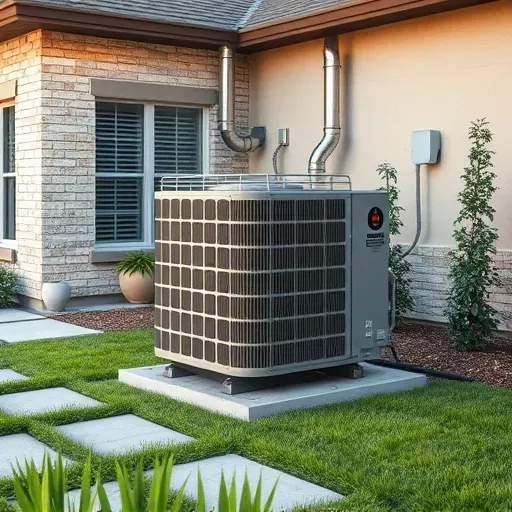 Well-maintained outdoor AC unit on landscaped patio with modern home, lush greenery, and natural daylight.