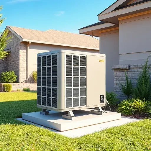 Repaired outdoor central air conditioning unit on a concrete pad with landscaped yard in Aledo Texas on a sunny day