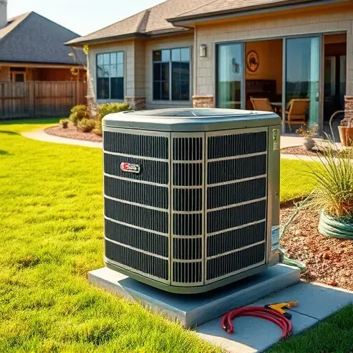 Clean outdoor modern HVAC unit with metallic fins and compressor in a lush backyard with patio and garden tools