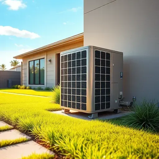 Freshly serviced modern outdoor air conditioning unit installed on a landscaped residential exterior in Justin Texas under sunny sky