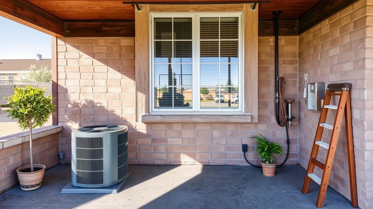 Newly serviced, gleaming air conditioning unit outside a modern home in Annetta, TX, with lush greenery and a landscaped yard.