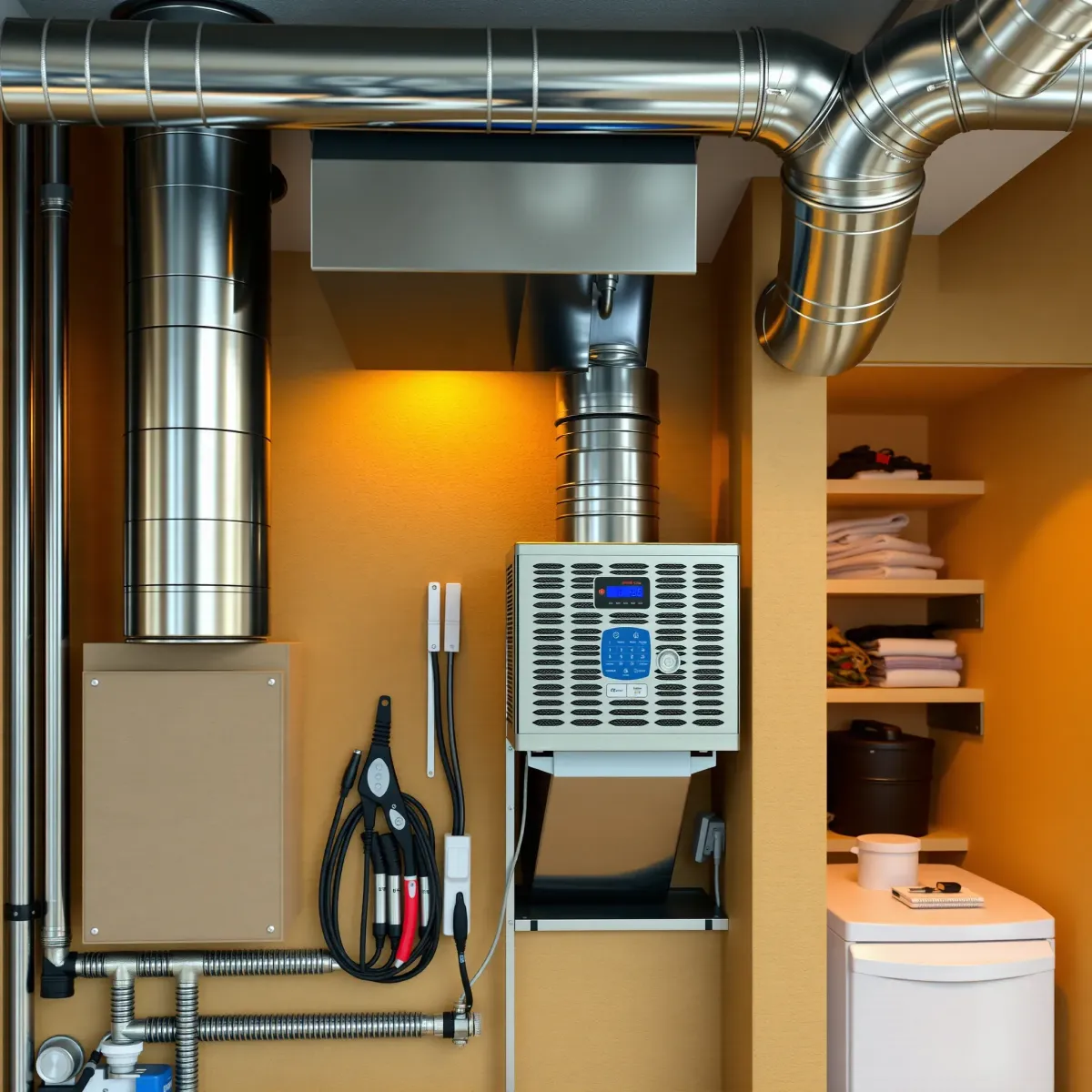 Modern HVAC system in a tidy utility closet with metallic vents, digital controls, organized tools, and a contemporary home interior.