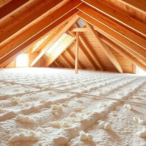 Finished attic insulation installation in Fort Worth TX with neat fiberglass batts, wooden rafters, natural light, and organized space