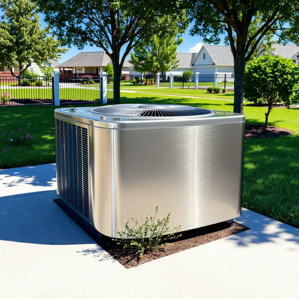 Freshly repaired outdoor AC unit on a sunny day in Weatherford, TX, surrounded by lush landscaping and residential homes.