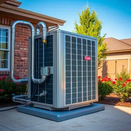 Completed HVAC system in Aledo TX, featuring sleek metal piping and modern design, set against a serene residential backdrop.