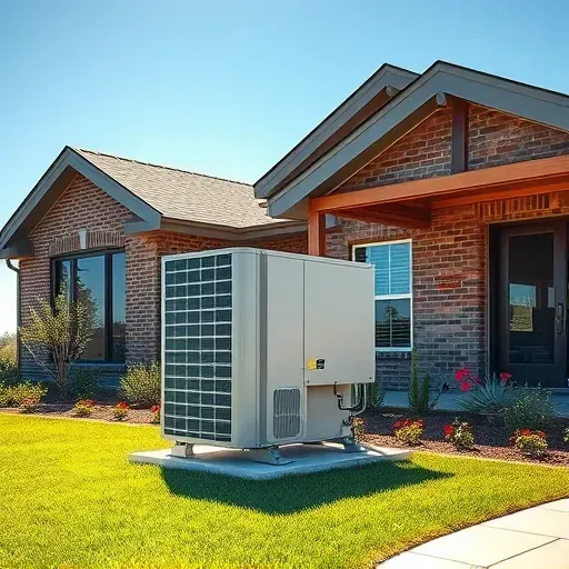 Completed HVAC system in a modern Pecan Acres home with manicured lawn and colorful flower beds under clear blue sky.