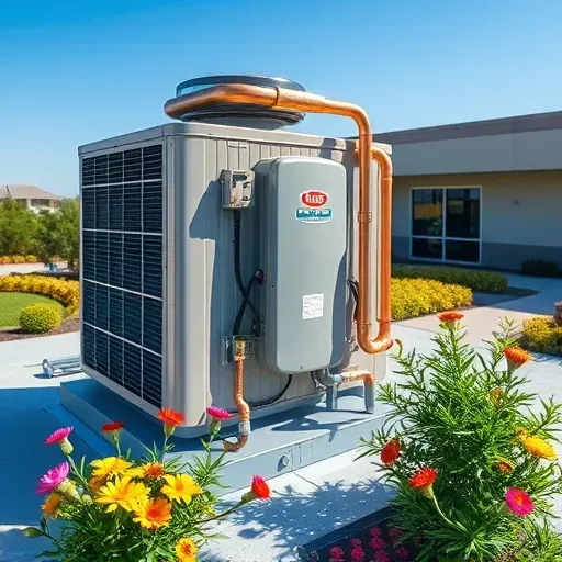 Professional outdoor air conditioning repair scene on a rooftop with detailed equipment, greenery, and bright natural lighting