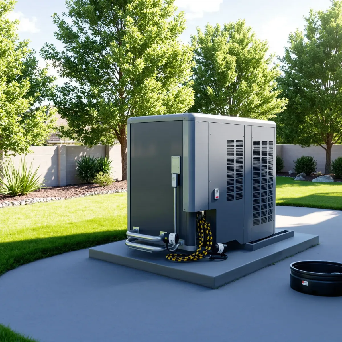 Pristine outdoor HVAC repair scene in Lakeside, TX with sleek, energy-efficient air conditioning unit in a lush, well-maintained backyard.