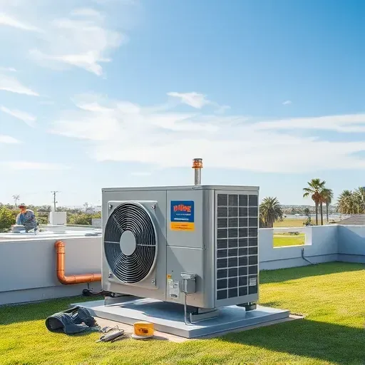 Professional outdoor HVAC repair scene with a well-maintained air conditioner, copper pipes, diagnostic tools, and sunny Western Lake background