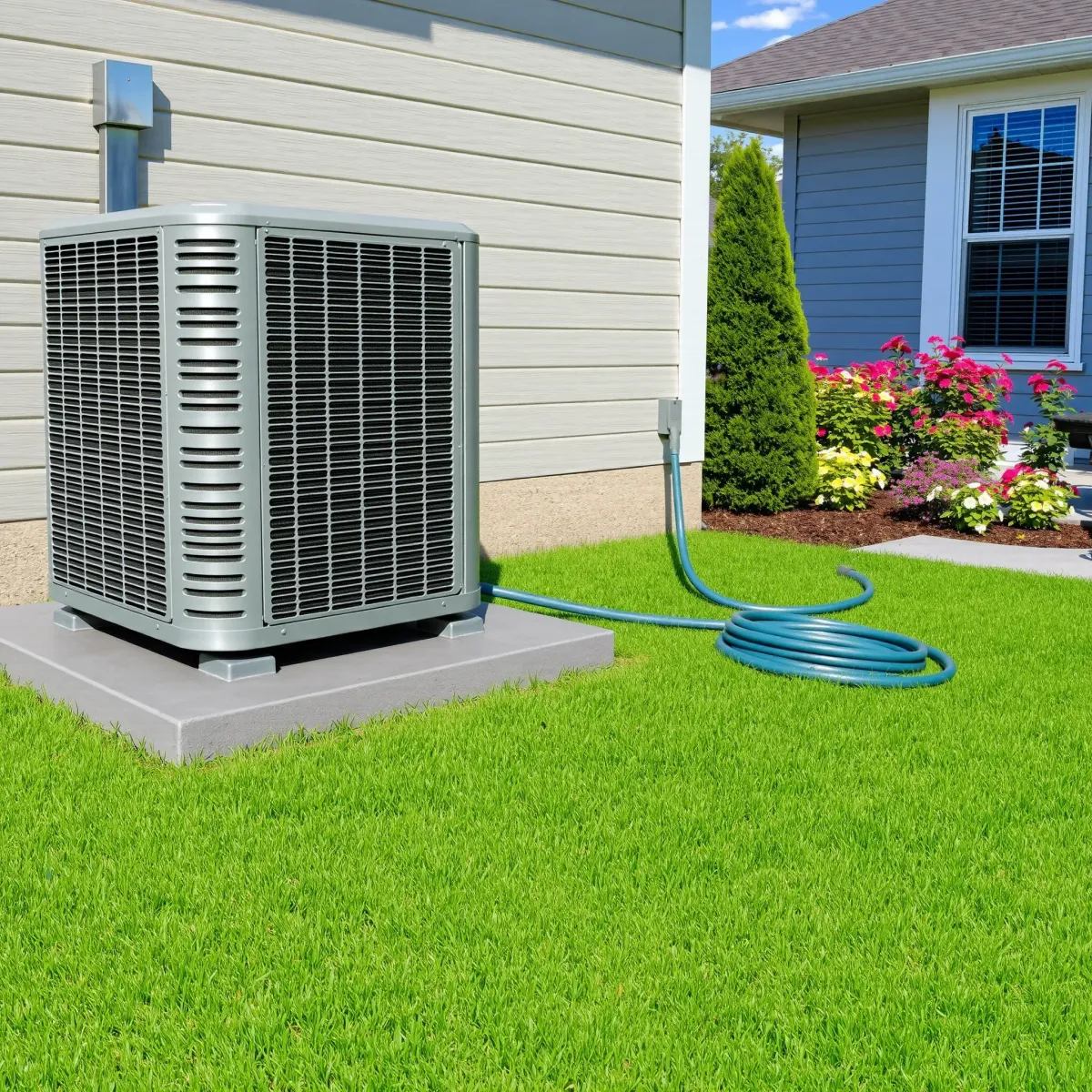 Outdoor Lakeside, TX air conditioning repair scene with technician's tools, open unit panel, Texas landscape, sunny sky.