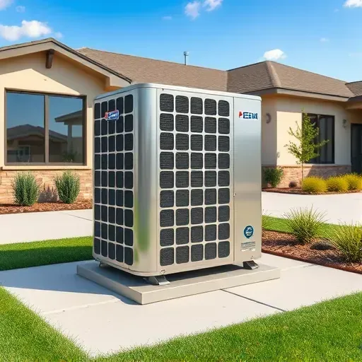 Well-installed HVAC system in a modern suburban yard with landscaped greenery, sleek unit, and contemporary home façade.