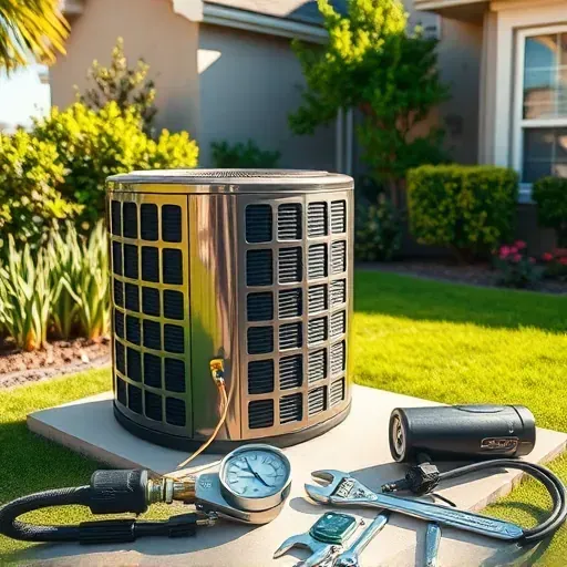 Completed air conditioning tune-up outside a Fort Worth home with polished unit, tools, and lush backyard greenery