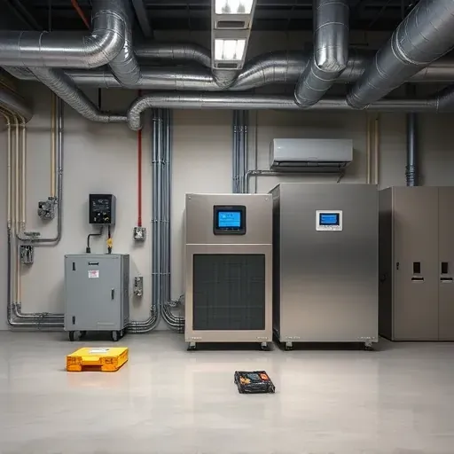 Modern commercial HVAC system with ductwork, thermostats, and maintenance tools in a clean, professional mechanical room.