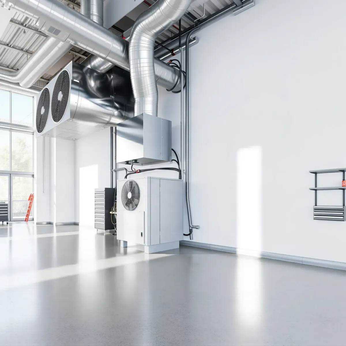 Modern commercial HVAC system in a clean, organized mechanical room with sleek vents, ductwork, and natural sunlight.