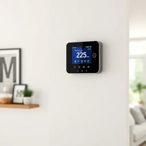 Modern home interior with sleek programmable thermostat, touch-screen display, neutral wall, minimalist decor, and natural lighting