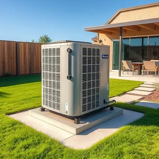 Outdoor modern HVAC unit in a Texas backyard with lush grass, drought plants, fence, patio, and blue sky.