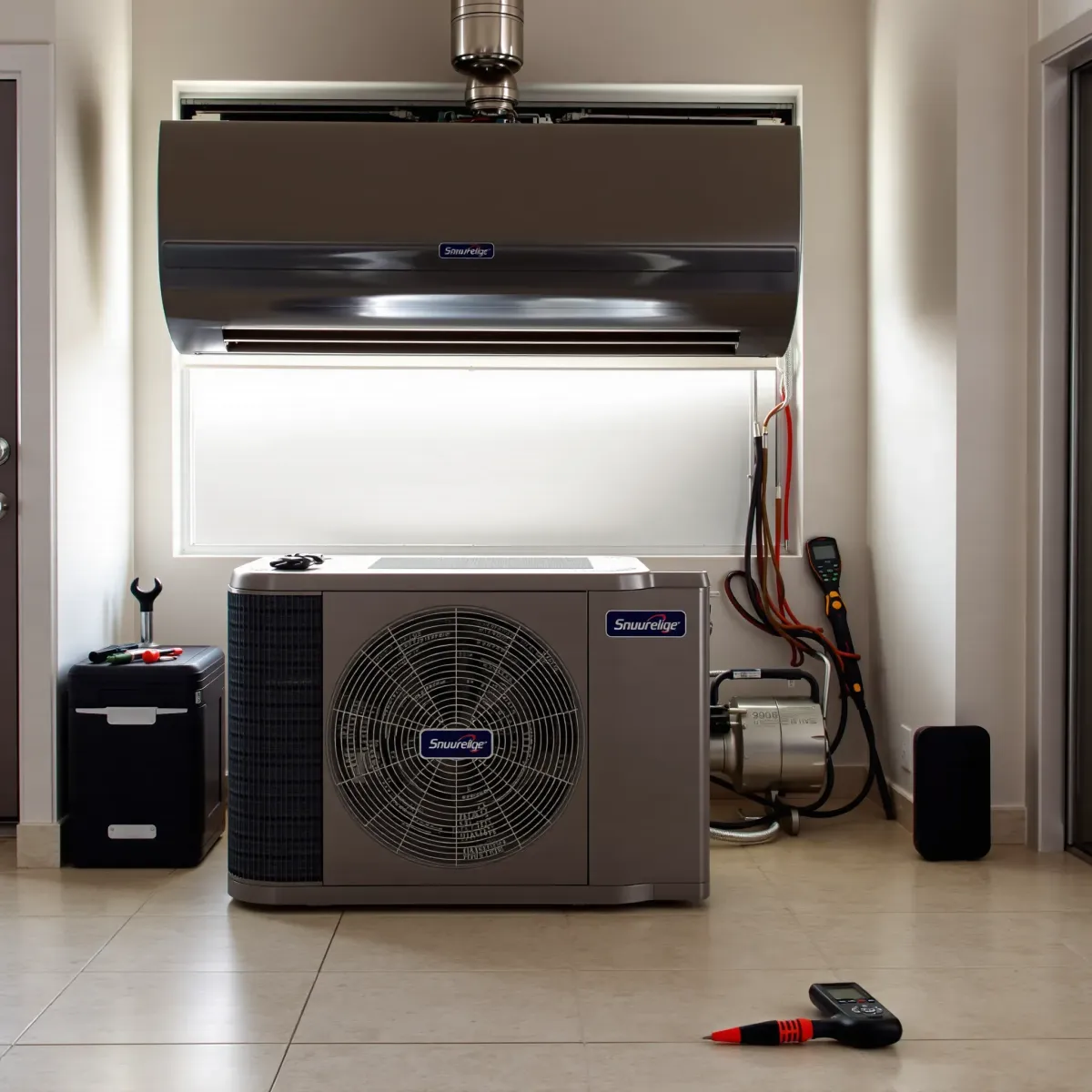 Modern residential air conditioner in a tidy utility room, highlighting sleek metallic surfaces and detailed vents.