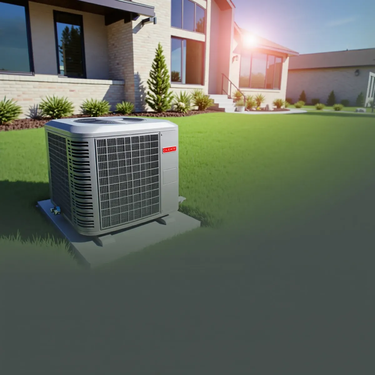 HVAC outdoor unit in Northlake, TX backyard with lush grass, shrubs, modern home, blue sky, bright sunlight.