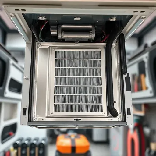 Interior of a modern air conditioning unit showcasing metallic components, filters, and organized repair tools in a clean workspace.