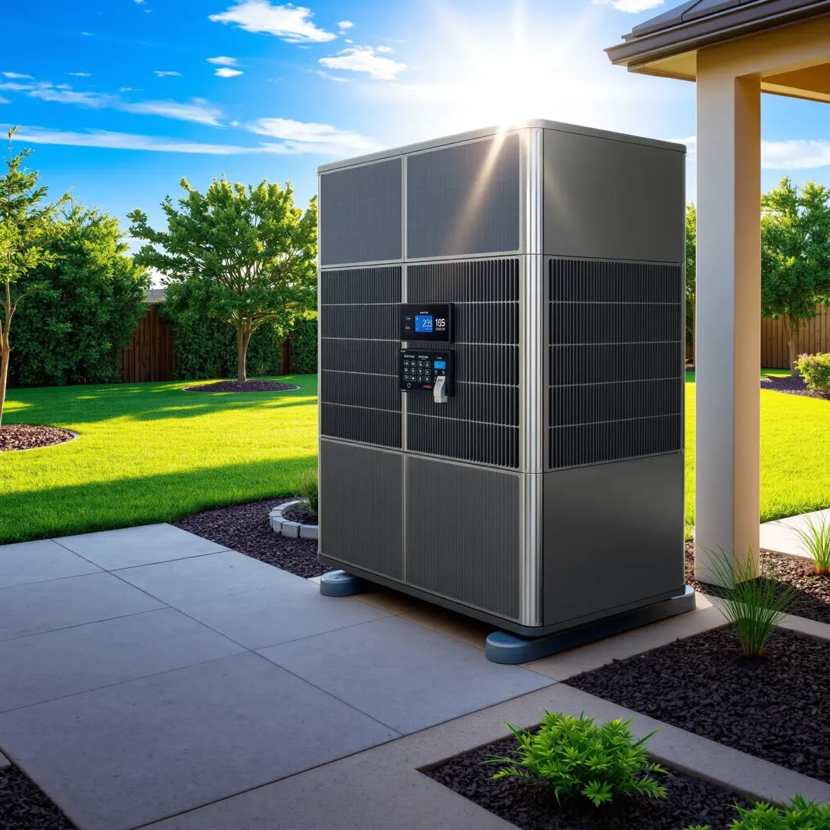 Modern HVAC outdoor unit installed on concrete pad in a clean backyard near a suburban home in Willow Park, TX.
