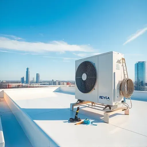 Commercial rooftop HVAC repair scene in Fort Worth TX with modern high-efficiency unit, city skyline, clear sky