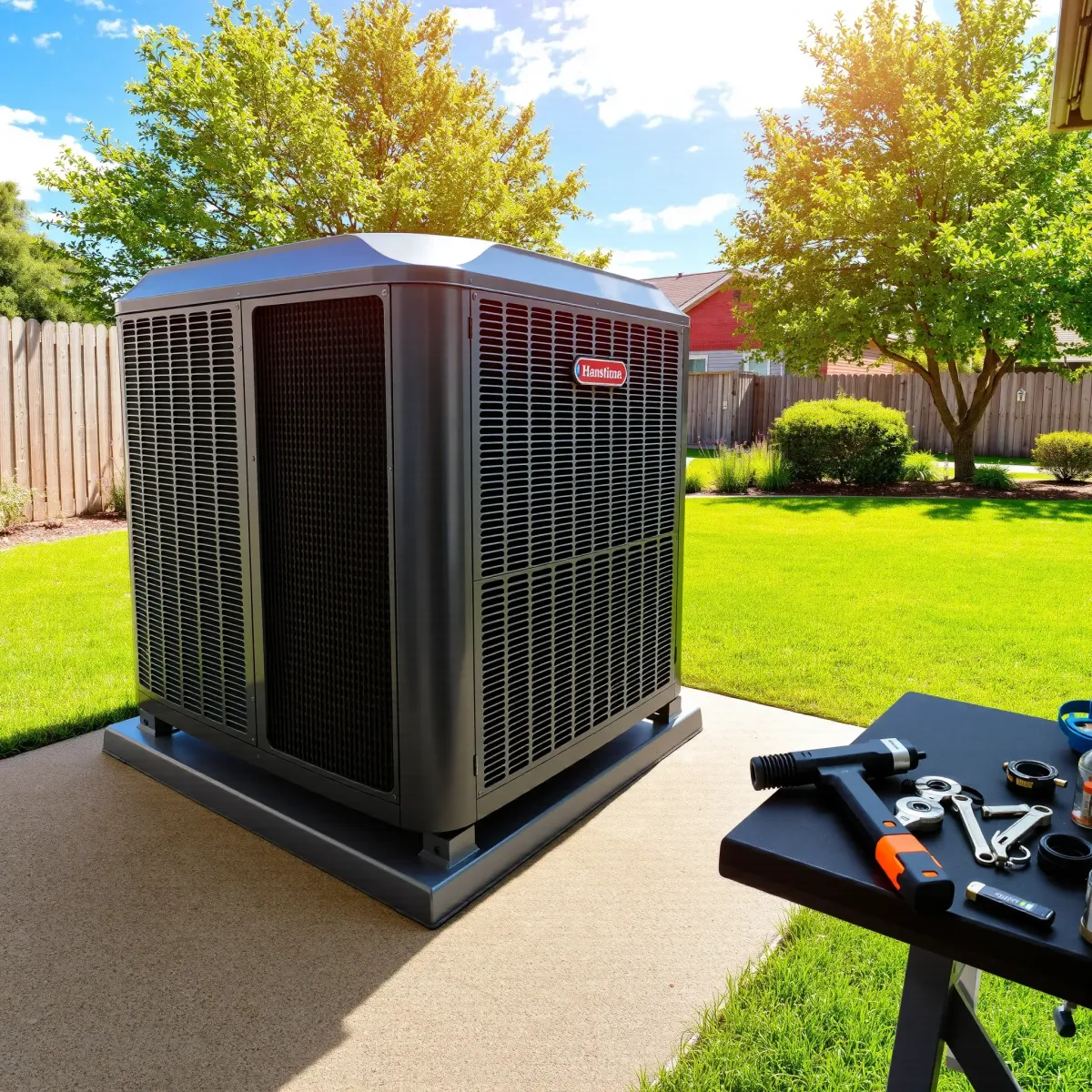 Outdoor HVAC repair scene in Northlake, TX: technician's tools, cooling unit, and service truck by a landscaped home.