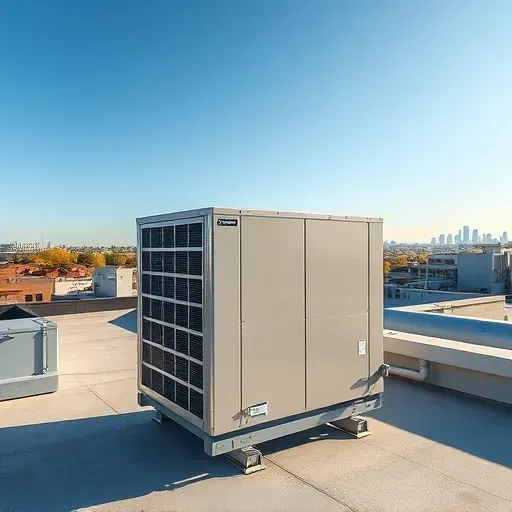 Newly installed modern HVAC system on a clean rooftop in Haltom City, TX, with ductwork and cityscape in the background.