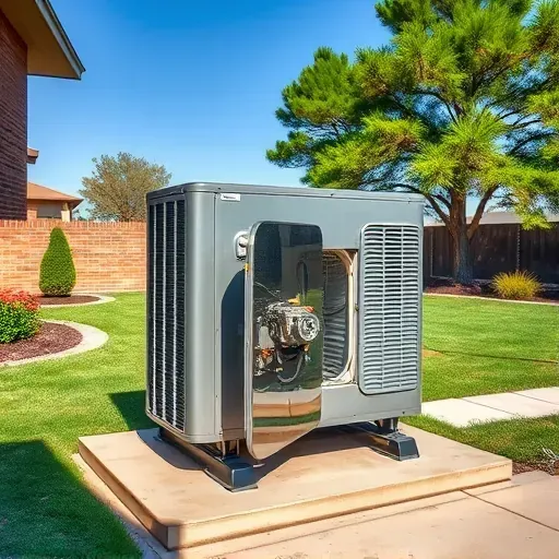 Repaired outdoor air conditioning unit on concrete pad in Benbrook TX with lush backyard and clear sky