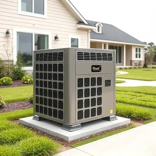 Outdoor modern HVAC system on concrete pad, surrounded by lush landscaping and a contemporary home in Shady Shores, TX.