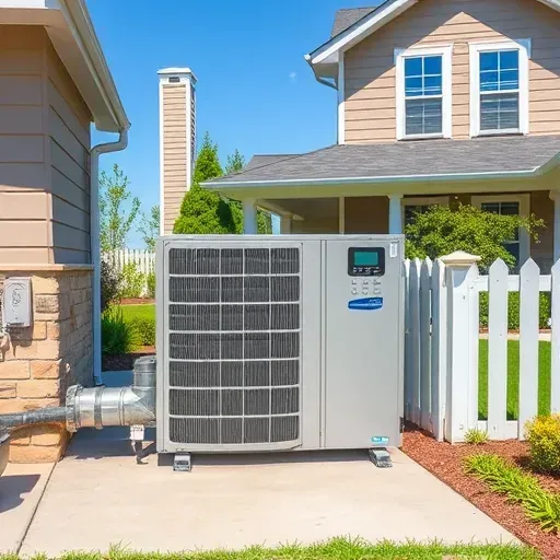 Installed modern HVAC system in Sanger, TX, with sleek metallic unit, vents, and thermostats on a tidy, lush backyard.