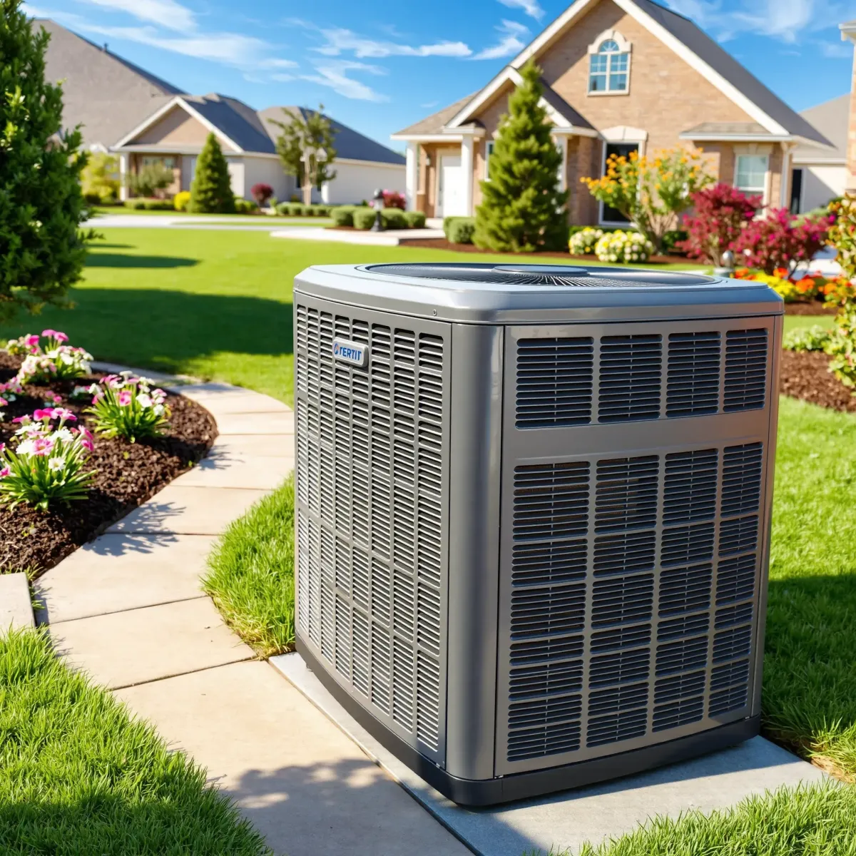 Air conditioning repair scene in Watauga, TX featuring a mounted HVAC unit, toolkit, and Texas flora outdoors.