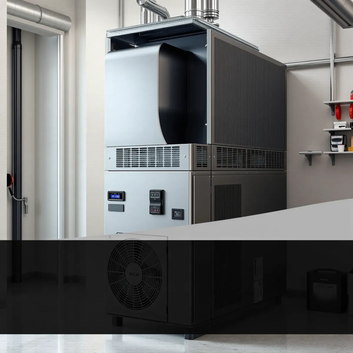 Modern HVAC system in a clean commercial utility room in Richland Hills, TX, showcasing sleek metallic components and organized maintenance tools.