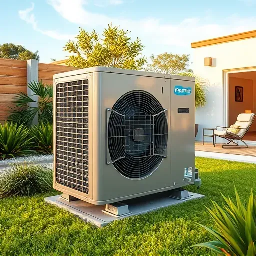 Repaired AC unit in a modern Fort Worth backyard with lush greenery, patio, and warm sunlight, showcasing quality craftsmanship.