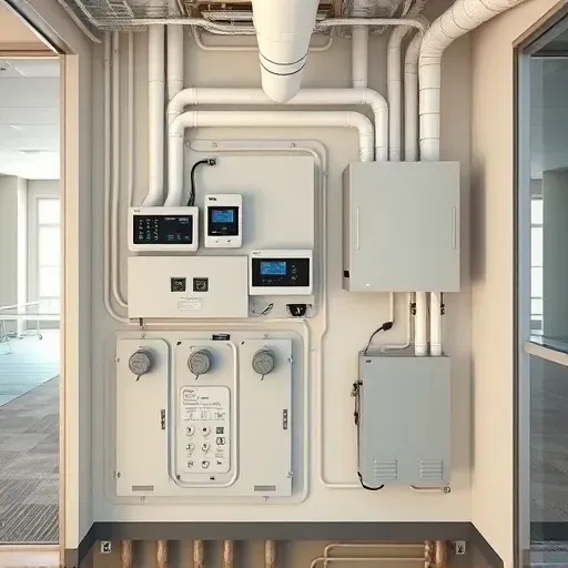 Fully installed and operational zoning system in Fort Worth TX with thermostats, control panels, ductwork, and modern interior details